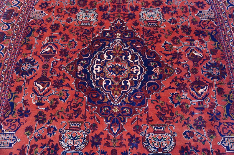 13x9 ft Large Afghan Rug, Hand Knotted Zer Khaki Geometric Bukhara Rug, Oriental Turkmen Tribal Rug, Red Living room Rug Dining Table Carpet Bild 4
