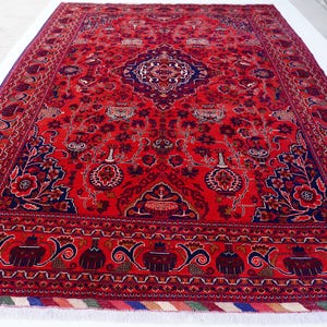 13x9 ft Large Afghan Rug, Hand Knotted Zer Khaki Geometric Bukhara Rug, Oriental Turkmen Tribal Rug, Red Living room Rug Dining Table Carpet Bild 8