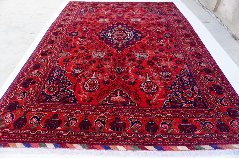13x9 ft Large Afghan Rug, Hand Knotted Zer Khaki Geometric Bukhara Rug, Oriental Turkmen Tribal Rug, Red Living room Rug Dining Table Carpet Bild 8