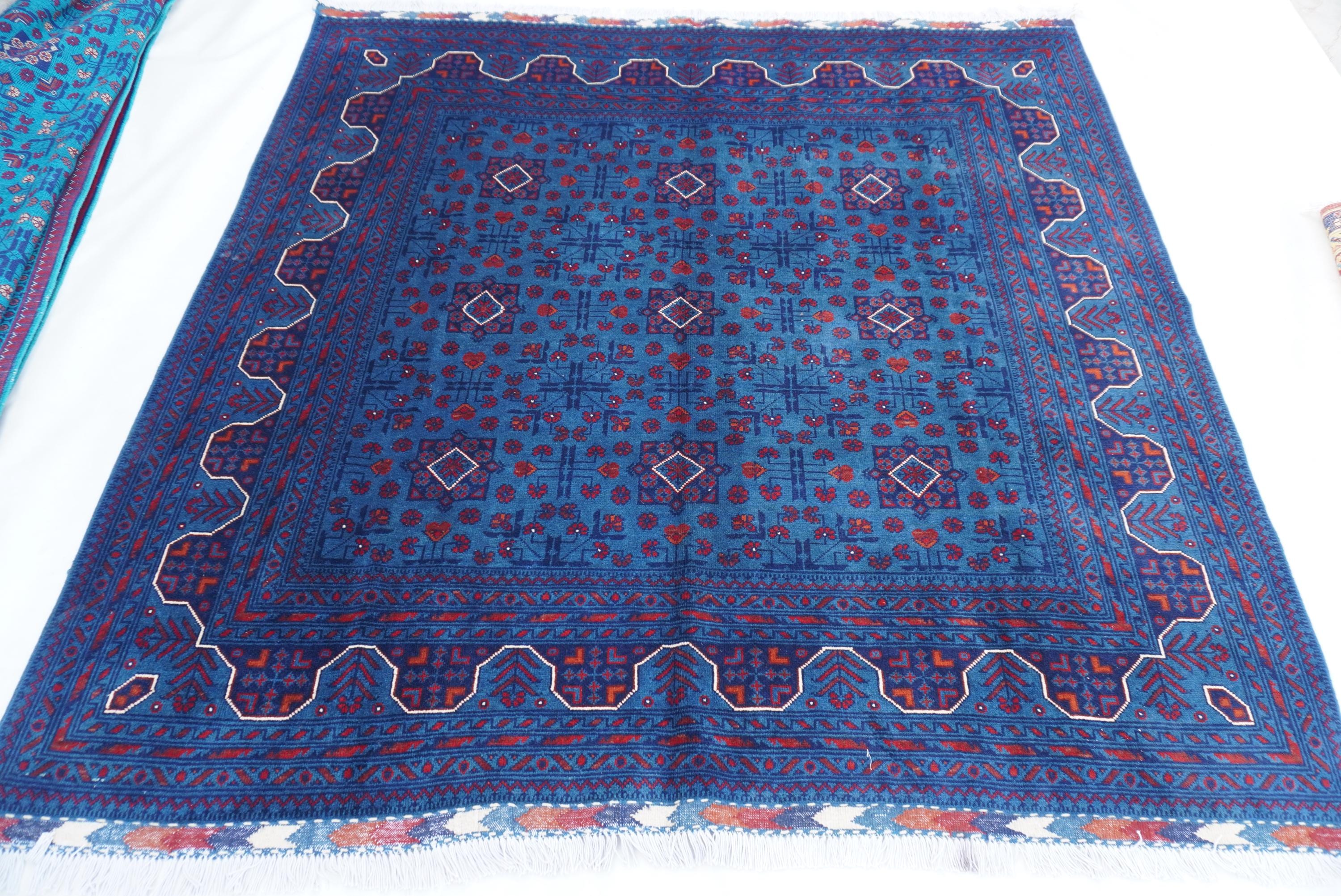 7x7 Square Rug, Rich Blue Rug, Afghan Hand Knotted Rug, Top Quality Wool Rug, Turkmen Bukhara Rug 200x200 cm Oriental Soft Rug, Bedroom Rug