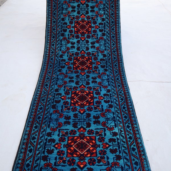 Blue 2x5 Afghan Bukhara runner rug, Handmade wool rug, Turkmen 5 ft Runner Rug, Khal Muhammadi Rug, Oriental Floor, Kitchen, Hallway runner