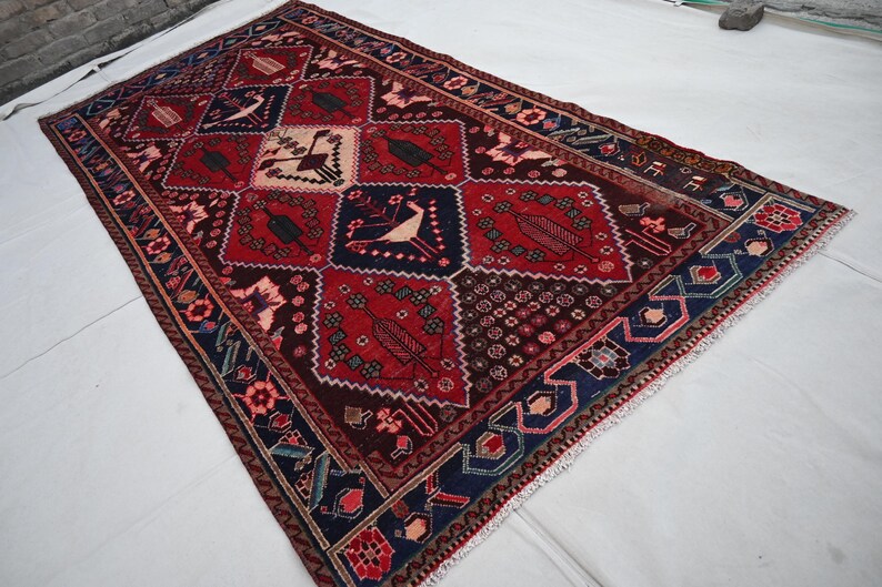 5x10 Afghan Vintage Rug, Handmade Caucasian Design Pictorial Rug
