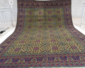 Light Green Bukhara Rug 12x9 Top Quality Afghan Handmade Wool Area Rug 275x375 cm Large Oriental Turkmen Soft Rug, Bedroom, Living room Rug