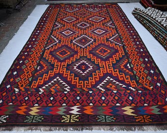 8x14 大型 1950年代 アンティーク アフガン キリム ラグ、本物の平織り