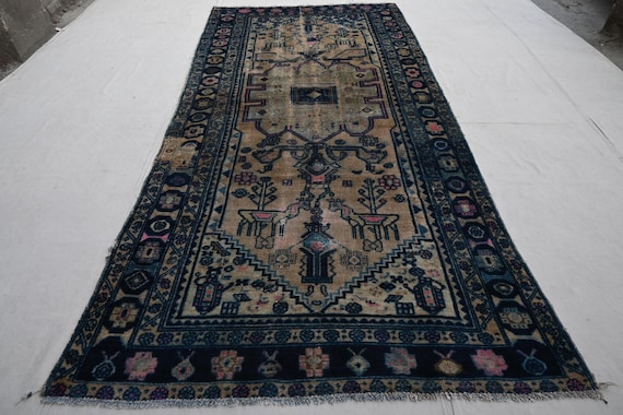 1900s Antique 5x9 ft Runner Rug, Turkmen Handmade Wool Rug No Pile Distress Faded Rug, Oriental Caucasian Rug, Hallway Runner Kitchen Runner
