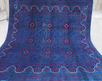 Blue 7x7 Square Rug, Afghan Handmade Wool Area Rug, Top Quality Turkmen Bukhara Rug 200x200 cm Oriental Soft Rug Living room Rug Bedroom Rug