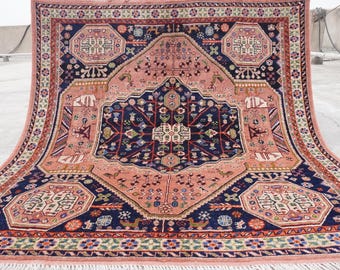 7x7 Caucasian Square Rug 6'9x6'9 ft Antique Turkmen Tribal Rug, Collectors Piece Terracotta Vintage, Fine Pile Geometric Oriental Afghan Rug