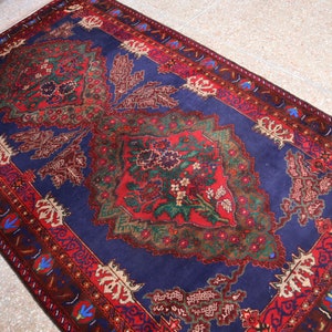 Vintage Tribal Rug 7&#39;4 x 4&#39;4 ft Afghan Navy Blue Soft Wool High Pile Carpet, Hand-Knotted Faded Floral design Antique Pictorial area rug 4x7