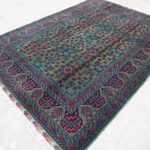 5x7 Dark Green Afghan Rug, Handmade Wool Rug, Top Quality Turkmen Tribal Bukhara Rug, 150x210 cm Oriental Soft Rug, Bedroom, Living Room Rug