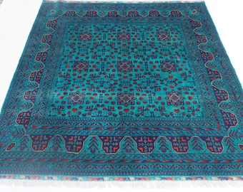 Turquoise Rug 7x7 Square Rug, Afghan Handmade Wool Rug, Top Quality Turkmen Bukhara Rug 200x200 cm Oriental Soft Rug Living room Bedroom Rug