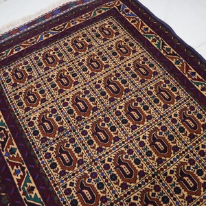 Afghan Antique Rug 4x7 ft Oriental Turkmen Handmade Wool Area Rug 120x205 Paisley design Bukhara Rug, Beige Red Tribal Rug, Bedroom, Office