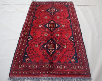 Afghan Vintage rug 2&#39;6x4&#39;5 ft Hand-knotted High Pile Soft Wool Carpet Khal Muhammadi Area rug, Antique Turkmen Bukhara Red rug, Oriental Rug