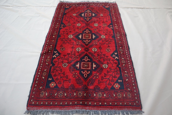 Afghan Vintage rug 2'6x4'5 ft Hand-knotted High Pile Soft Wool Carpet Khal Muhammadi Area rug, Antique Turkmen Bukhara Red rug, Oriental Rug