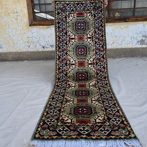 Green 2x5 Afghan Bukhara runner rug, Handmade wool rug, Turkmen Sarique 5 ft Runner Rug, Oriental Rug, Floor Runner, Kitchen, Hallway runner