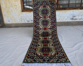 Green 2x5 Afghan Bukhara runner rug, Handmade wool rug, Turkmen Sarique 5 ft Runner Rug, Oriental Rug, Floor Runner, Kitchen, Hallway runner
