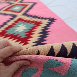 Pink 8 ft Runner rug, Afghan Flatweave Kilim Rug, 100% Wool Handmade Rug, Oriental Turkmen Rug, Hallway Runner rug, Southwestern design Rug