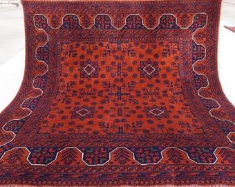 5x5 Orange Square Rug, Afghan Handmade Wool Rug, Turkmen Tribal Bukhara Rug, 150x150 cm Oriental Vintage Rug, Soft Area Rug, Living room Rug