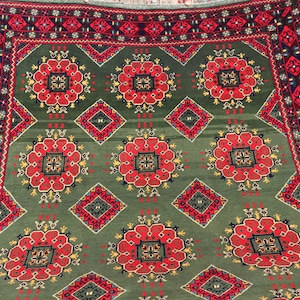 5x7 Green Patnoos Gull Bukhara Rug, Top Quality Afghan Handmade Wool Area Rug 150x200 cm Oriental Turkmen Soft Fine Rug, Bedroom, Office Rug