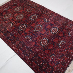 Navy Blue Red Antique Rug 4x6&#39;10 ft Top Quality High Pile Soft Wool Afghan Baluchi Rug, Handmade Area Rug, Oriental Turkmen Rug, Afghan Rug
