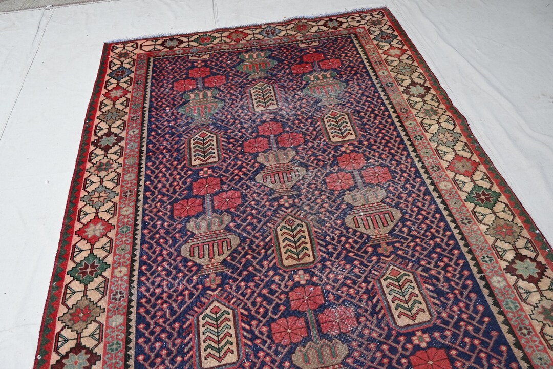 1900s Antique Faded Rug, No Pile Distressed Navy Blue Rug, 5x10 Afghan ...