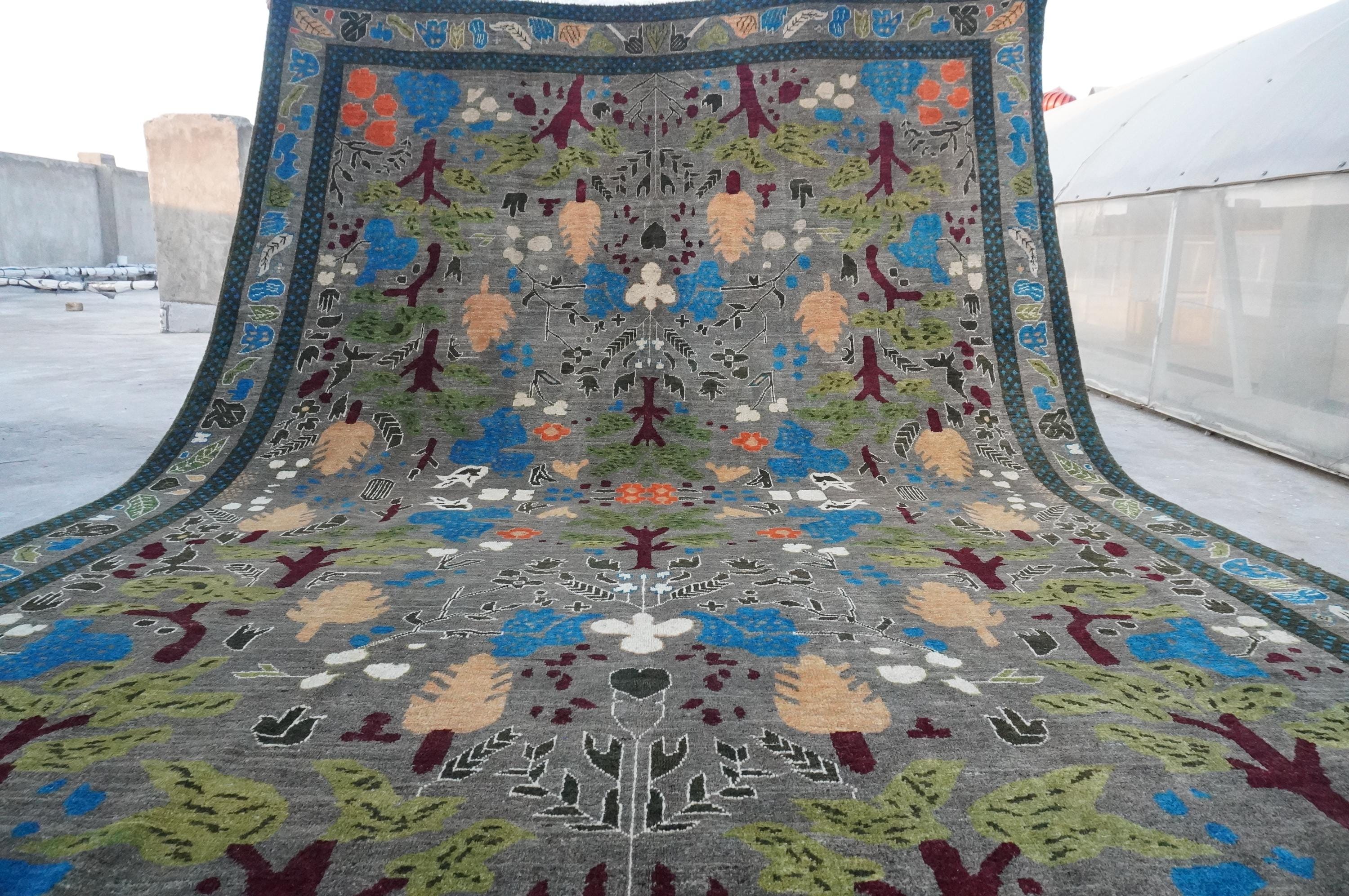 Gray Pictorial Rug 8x12 Afghan Handmade Wool Area Rug 250x370 Cm