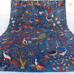 7x10 Blue Pictorial Rug, Top Quality Afghan Handmade Wool Area Rug, Birds Trees Peacocks Art Rug, Oriental Turkmen Tribal Rug, Kids Room Rug