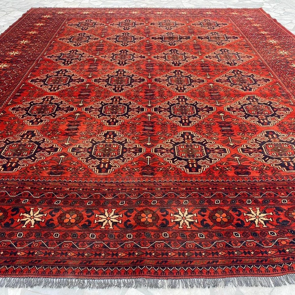 10x12 Large Afghan Kalisaye Rug, Turkmen Handmade Wool Bukhara Area Rug Oriental Rug, Tribal Vintage Rug, Rug for Bedroom, Dining Table Rug