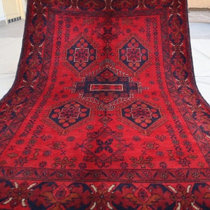Afghan Bukhara rug 3&#39;7x5&#39;3 Oriental Turkmen Hand-Knotted rug 100x150 cm High Pile Vintage Carpet In Excellent Condition, Tribal Red rug 3x5