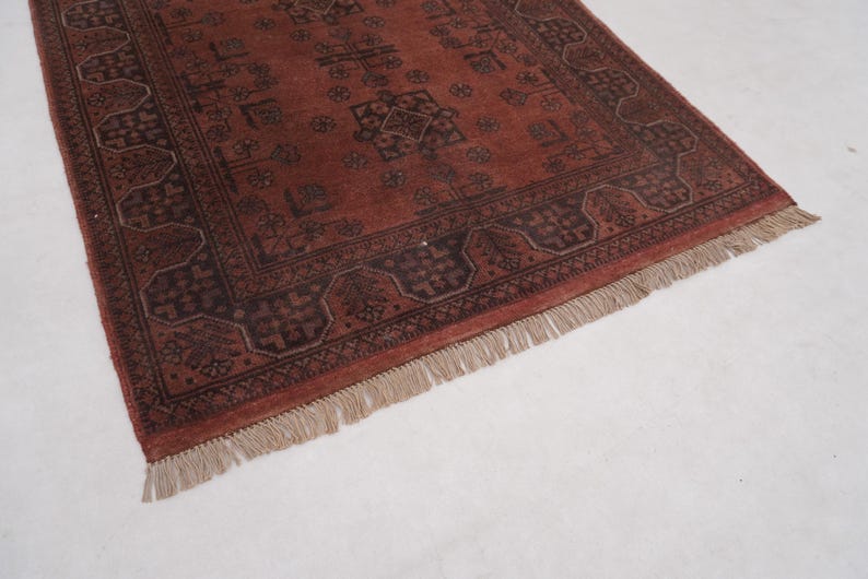 Antique Terracotta Rug 3'4x5'3" Turkmen Bukhara Rug, Handmade Afghan Wool Rug, Bedroom Rug, Office Rug, Kitchen Rug, Tribal Rug image 13