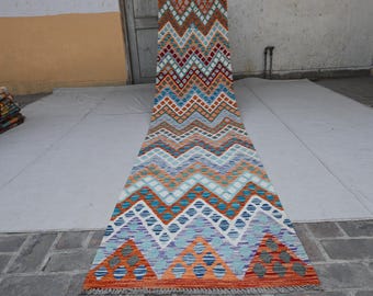 13 ft Runner Rug, Afghan Rug 2'9x13'0 ft Flatweave Kilim Rug, Geometric Maimana Rug, Oriental rug, Hallway Runner, Kitchen Runner 80x390 cm