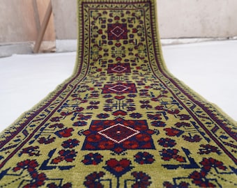 Green Rug 2x5 Afghan Bukhara runner rug, Handmade wool rug, Turkmen 5 ft Runner Rug, Khal Muhammadi Oriental Floor, Kitchen, Hallway runner