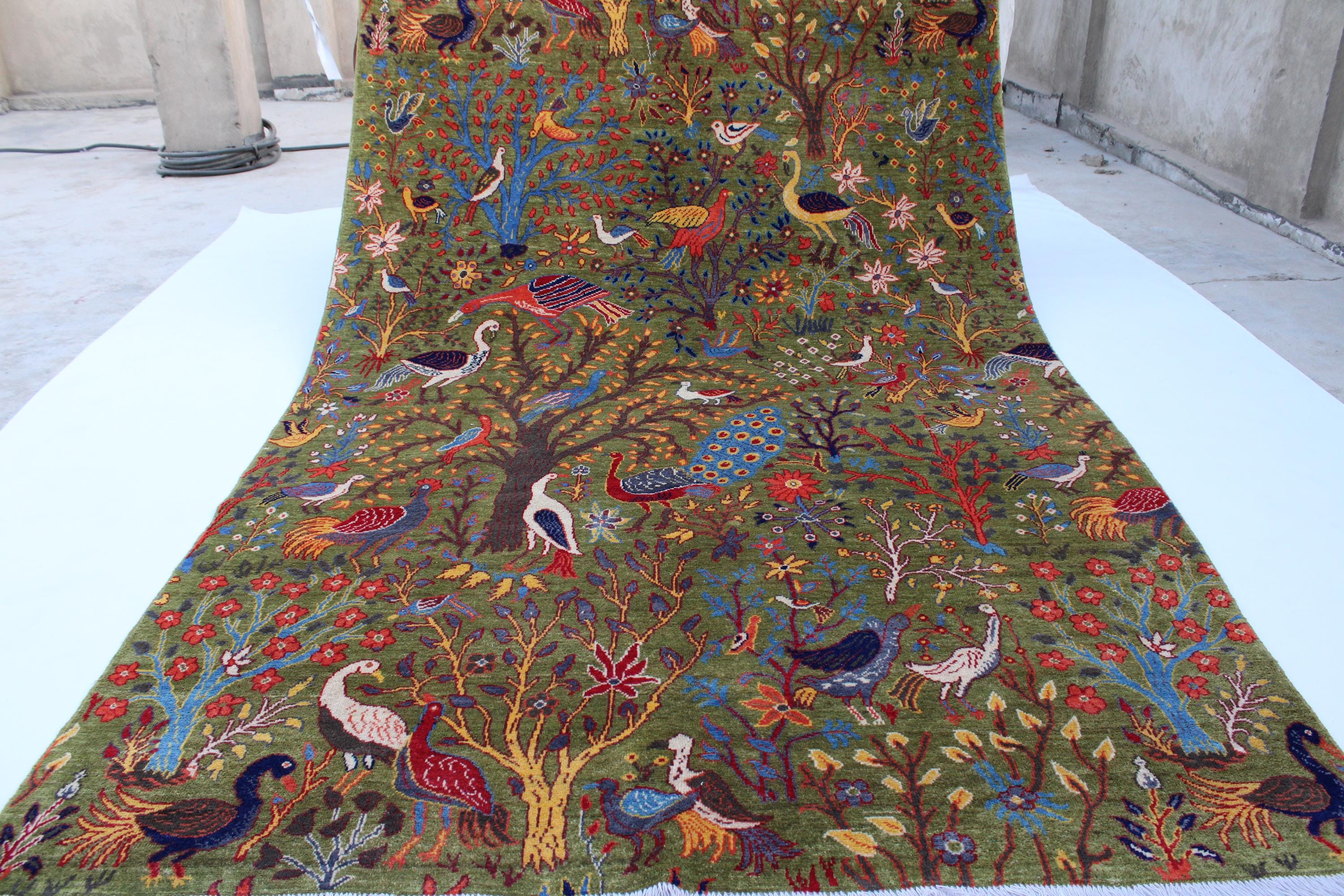 6'4x9'9 ft Shrek Green Pictorial Rug, Top Quality Afghan Handmade Wool Area Rug, Birds Trees Peacocks Art Rug, Oriental Turkmen Tribal Rug