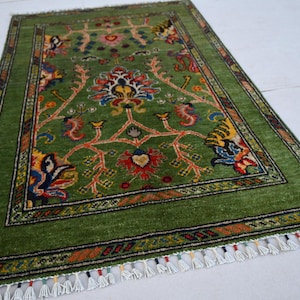 3x4 Green Bijdar Rug, Turkish Sultani Area Rug, Handmade Wool Rug Oriental Rug, Office Rug Kitchen Rug Bedroom Rug 80x125 cm Modern Area Rug