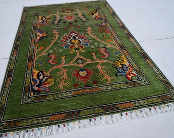 3x4 Green Bijdar Rug, Turkish Sultani Area Rug, Handmade Wool Rug Oriental Rug, Office Rug Kitchen Rug Bedroom Rug 80x125 cm Modern Area Rug