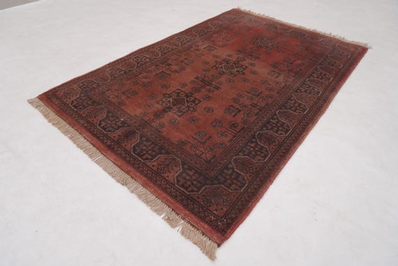 Antique Terracotta Rug 3'4x5'3" Turkmen Bukhara Rug, Handmade Afghan Wool Rug, Bedroom Rug, Office Rug, Kitchen Rug, Tribal Rug