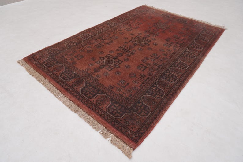 Antique Terracotta Rug 3'4x5'3" Turkmen Bukhara Rug, Handmade Afghan Wool Rug, Bedroom Rug, Office Rug, Kitchen Rug, Tribal Rug image 1