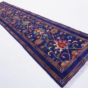 Navy Blue Bijdar Rug, 3x13 ft Runner Rug, Handmade Wool Rug, Turkmen Serapi Rug, Turkmen Oushak Rug, Hallway Runner Rug, Kitchen Runner Rug