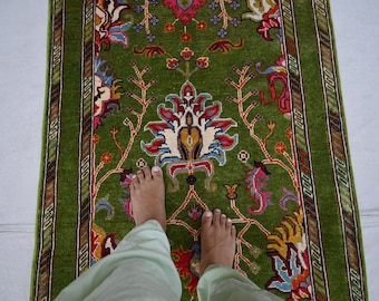 3'3x5'2 ft Green Rug, Turkish Bijdar Area Rug, Handmade Wool Rug, Oriental Sultani Rug, Kitchen Rug, Bedroom Rug, 100x155 cm Modern Area Rug