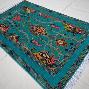 Turquoise Rug 3x5 Afghan Rug, Handmade Rug, Fine Wool Rug, Turkmen Bijdar Rug, Turkish Turquoise Oushak Rug, Kitchen Area Rug Bedroom Carpet
