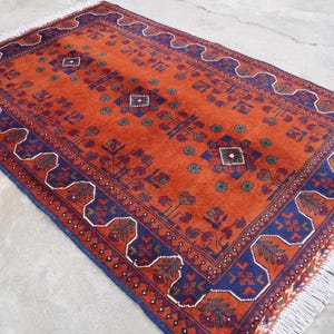 3x5 Orange Vintage Rug, Tribal Bukhara Rug, Handmade Wool Rug, Oriental Area Rug, Bedroom Rug, Modern Boho Rug 90x135 cm Bedroom Office Rug