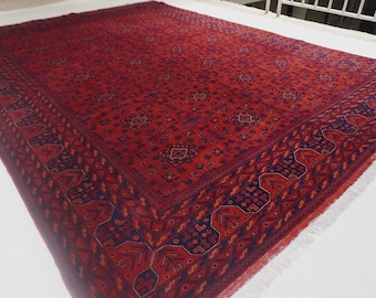 8x11 Large Afghan Rug, Hand Knotted Wool Rug, Red Vintage Rug, Tekke Bukhara Rug, Oriental Turkmen Tribal Rug, Dining Table, Living room Rug