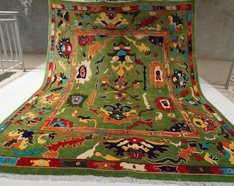 Green Oushak Rug 8x10 Turkish Oushak Rug, Turkmen Handmade Wool Natural Veg dyes Rug, Rug for Living room, Bedroom Rug, Dining Table Carpet