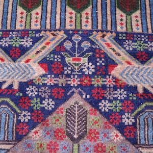 Vintage Pictorial rug 4&#39;2x7&#39;5 ft Afghan Navy blue Baluchi Carpet, High Pile Soft Wool rug, Hand-knotted Area rug, Tribal 4x7 Antique Carpet