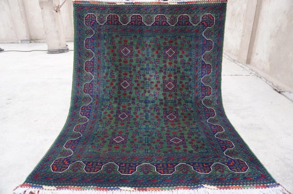 5x7 Dark Green Afghan Rug, Hand Knotted Wool Rug, Khal Muhammadi Bukhara Rug, Stunning Turkmen Tribal Area Rug, Vintage Oriental Nomadic rug