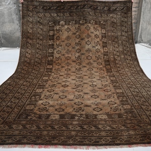 1920s Antique Faded Rug 7x9 Afghan Bashiri Rug, Handmade Wool Rug Low Pile Distressed Terracotta Rug Oriental Rug Bedroom, Living Room Rug