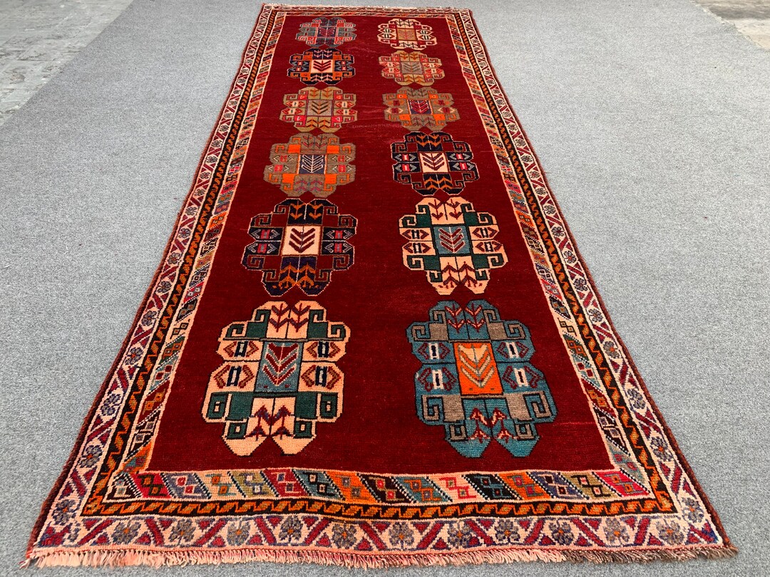 9'6x3'5 Ft Afghan Vintage Medallion Runner Turkmen Handmade Wool Rug ...
