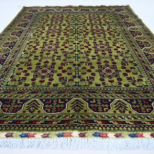 Green Rug 5x7 Handmade Rug, Wool Rug, Afghan Bukhara Rug, Turkmen Tribal Rug, Bedroom Rug, Living Room Rug, Oriental Rug, Hand knotted Rug