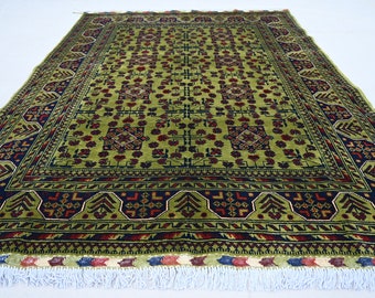 Green Rug 5x7 Handmade Rug, Wool Rug, Afghan Bukhara Rug, Turkmen Tribal Rug, Bedroom Rug, Living Room Rug, Oriental Rug, Hand knotted Rug