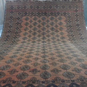 1920s Antique 6&#39;7x9&#39;3 ft Terracotta Rug, Afghan Handmade Wool Rug, No Pile Distressed Faded rug, Turkmen Tribal Mowri Rug, Bedroom Rug 7x9