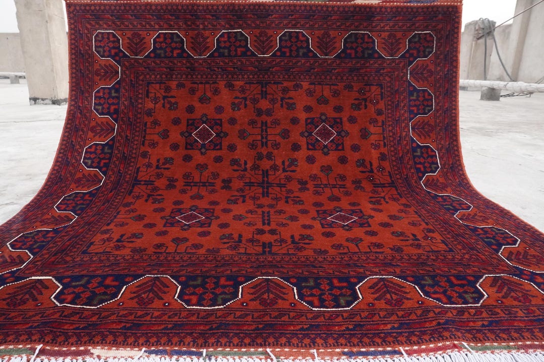 5x5 Afghan Orange Square Rug Handmade Wool Rug, Turkmen Tribal Bukhara ...